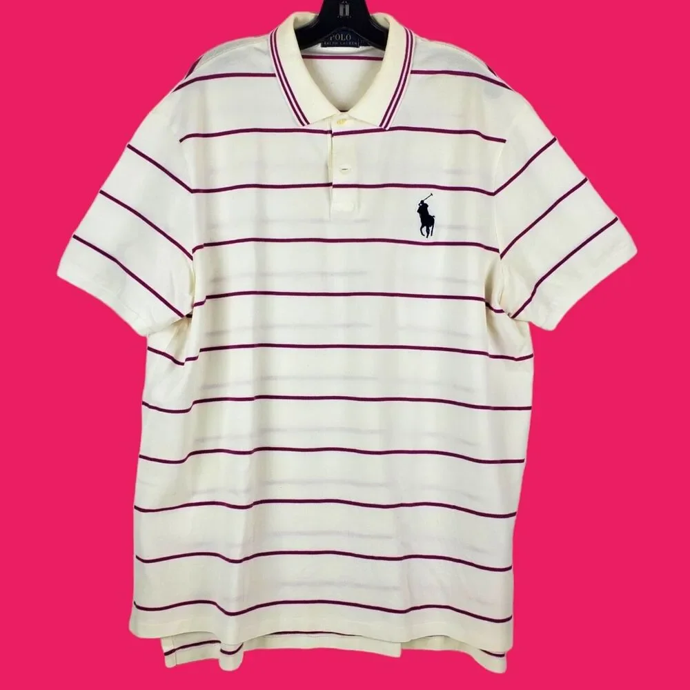 POLO Ralph Lauren Polo Shirt Mens XXL White Pink Striped Casual Outdoor Preppy